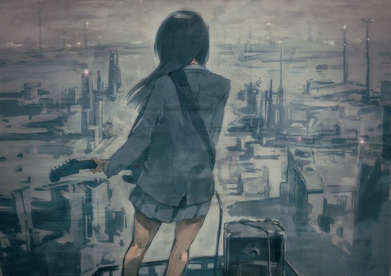girl with guitar overlooking city