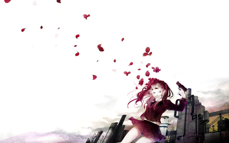 girl with gun and rose petals