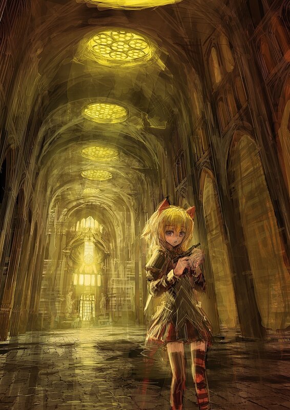 girl with gun in cathedral