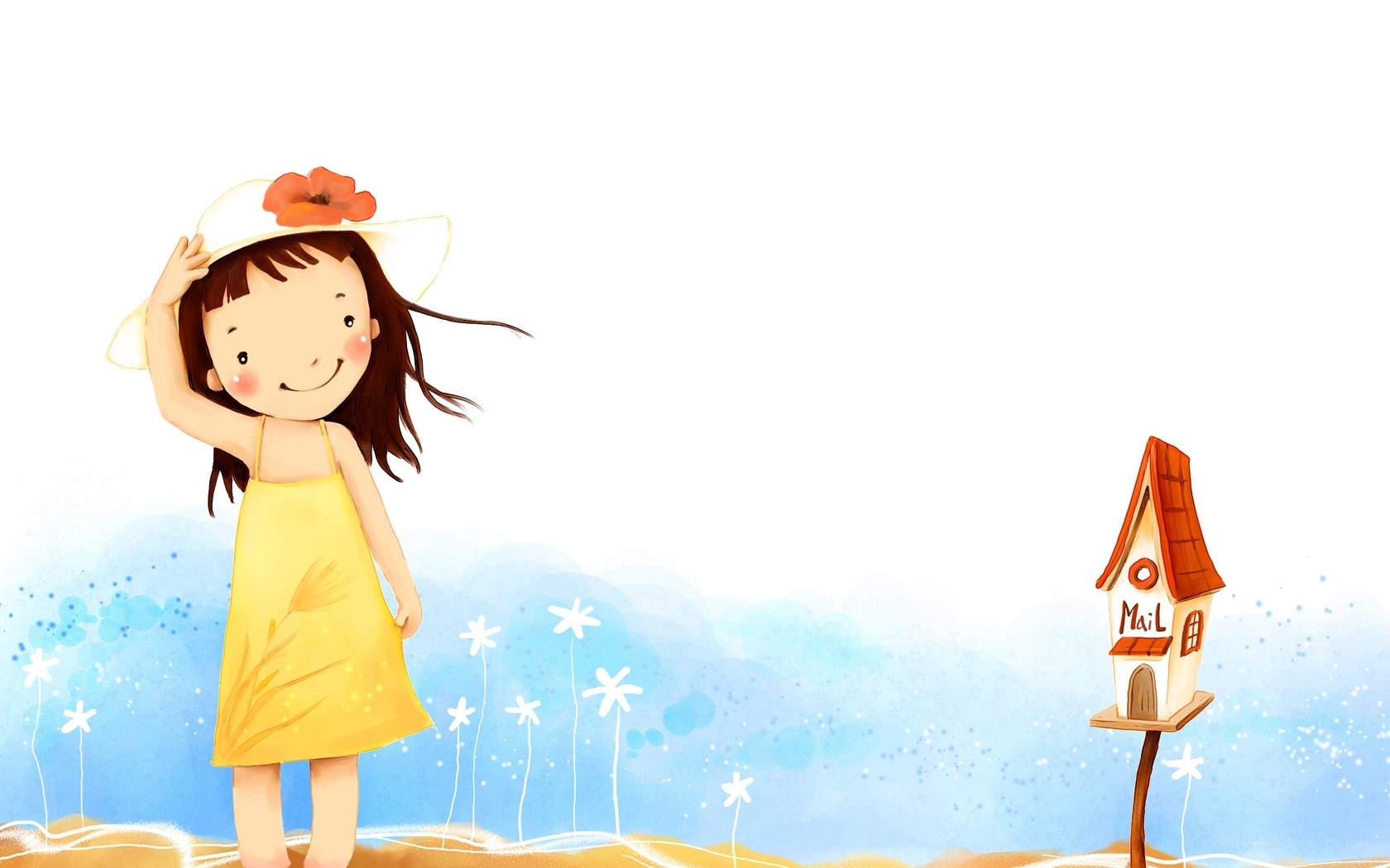 Girl with hat and birdhouse