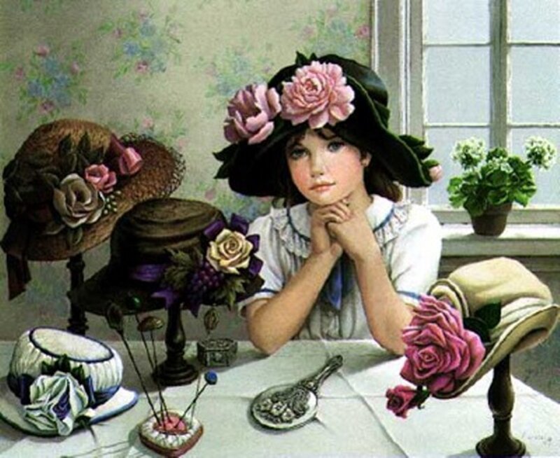 Girl with Hats on Table