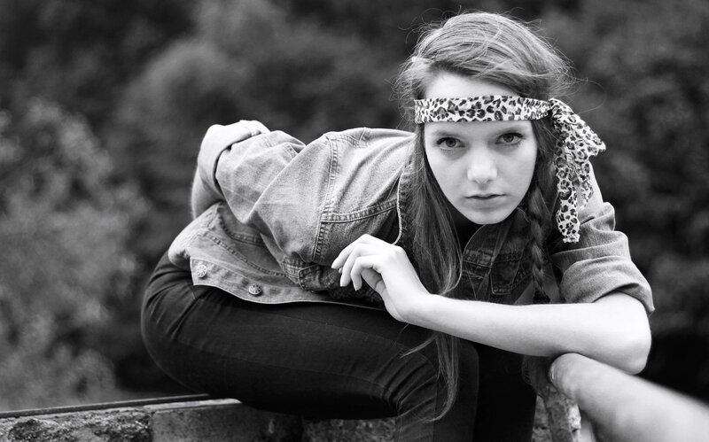 girl with headband in black and white
