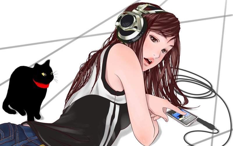 girl with headphones and cat