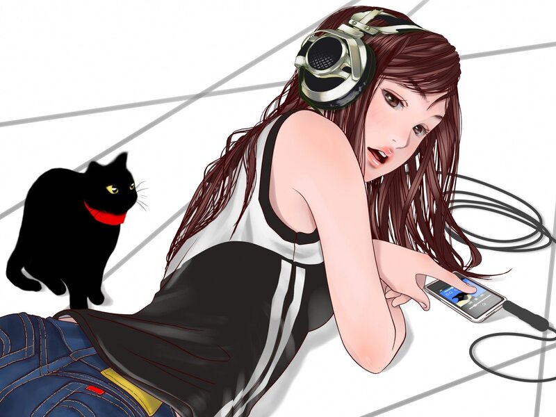girl with headphones and cat