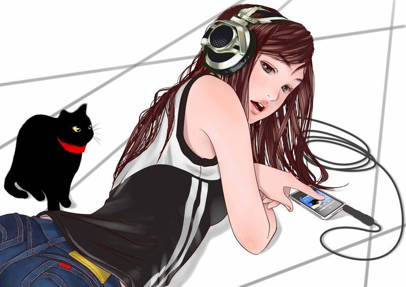Girl with headphones and cat