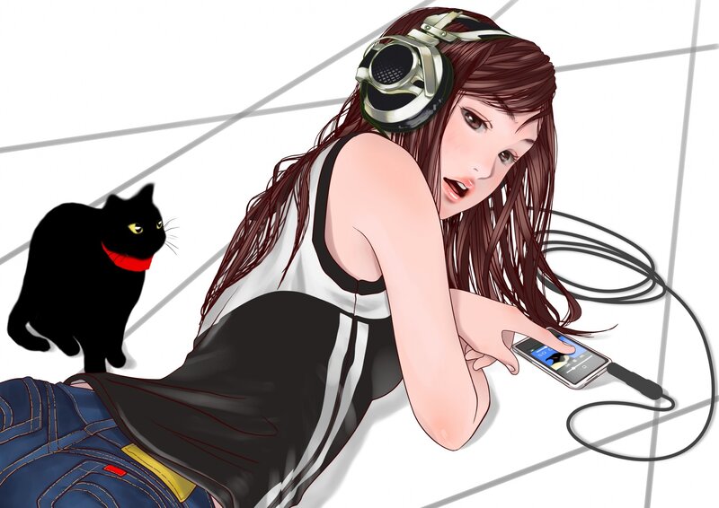 girl with headphones and cat