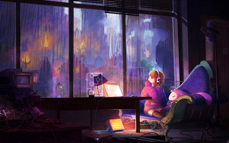 Girl with Headphones at Desk