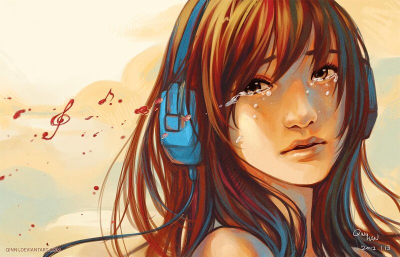 Girl with Headphones — Blue, Melancholic