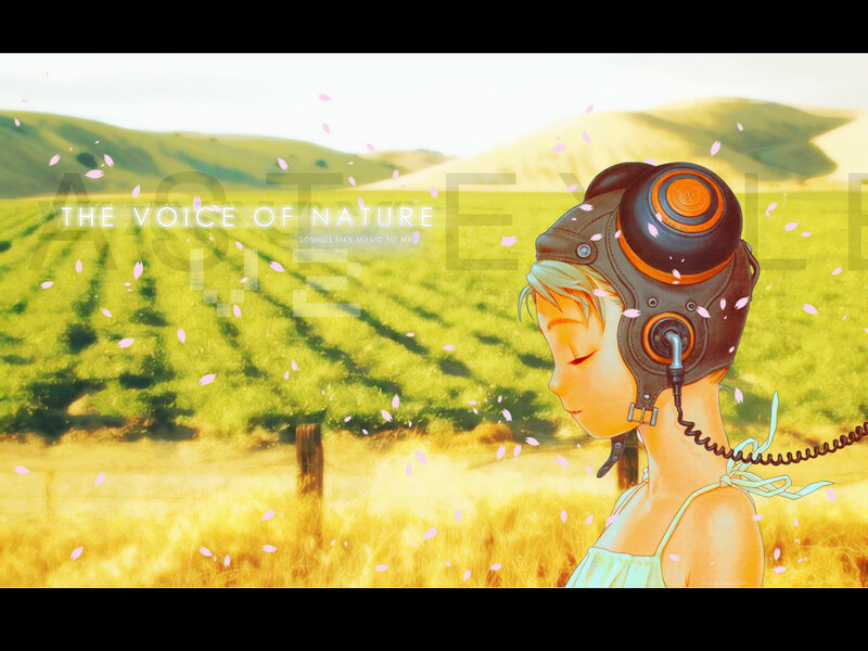 girl with headphones in field