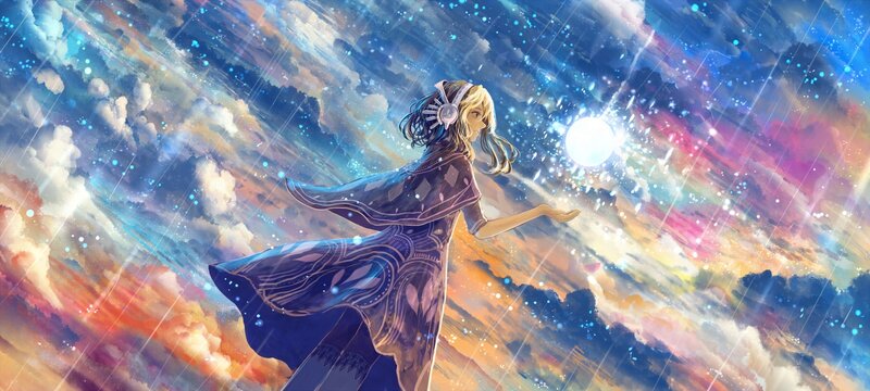 girl with headphones in starry sky