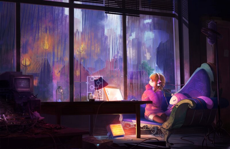 Girl with Headphones — Purple, Calm