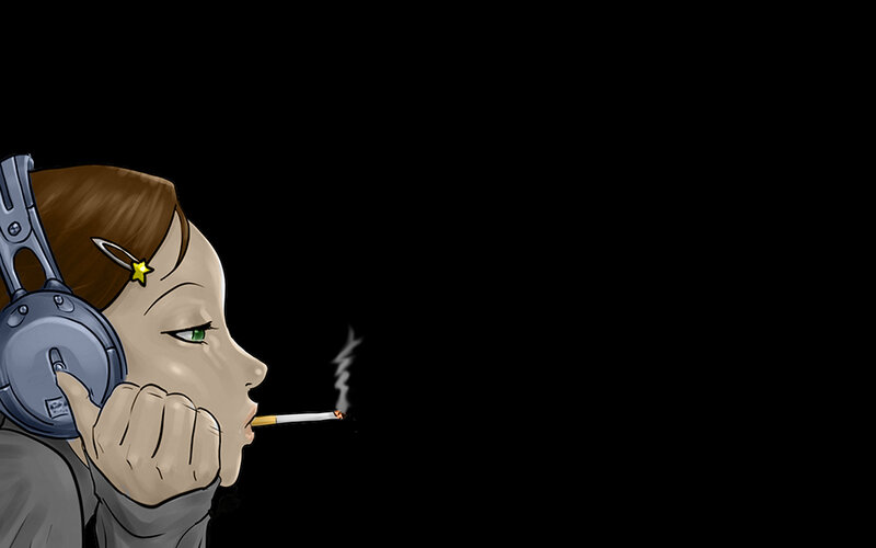 girl with headphones smoking