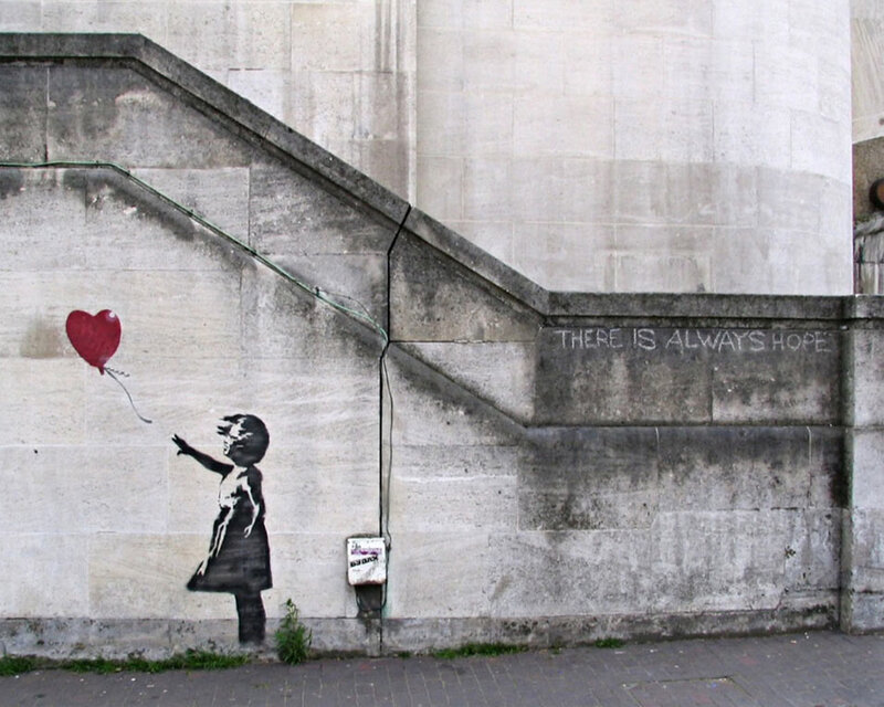 Girl with heart balloon graffiti