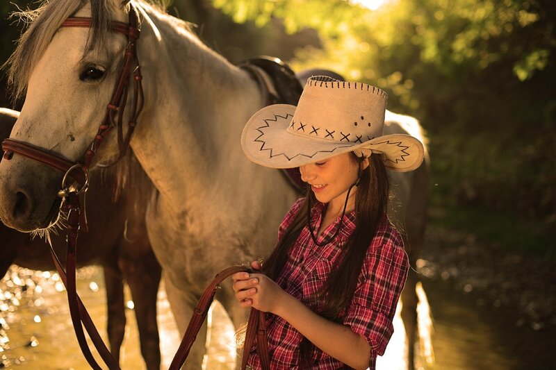 Girl with Horse — Brown, Serene, Sunset, Photograph