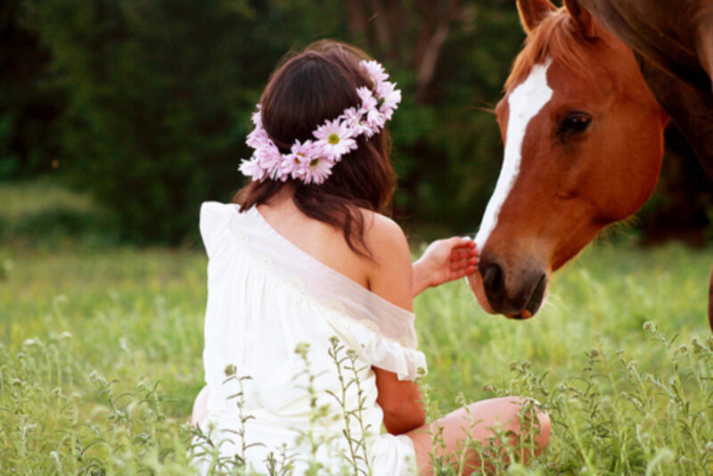 Girl with Horse — Green, Serene, Afternoon, Photograph