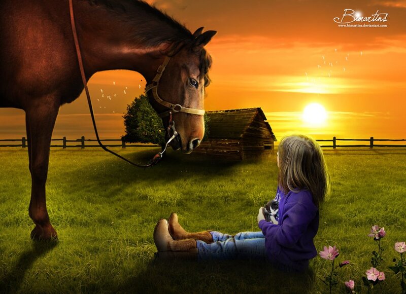 Girl with Horse — Green, Serene