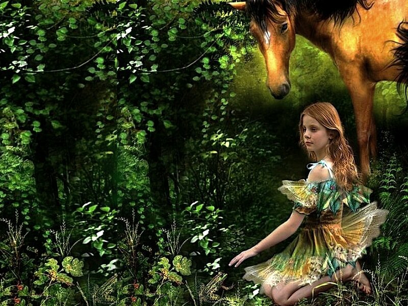 girl with horse in forest