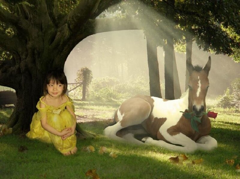 girl with horse in forest
