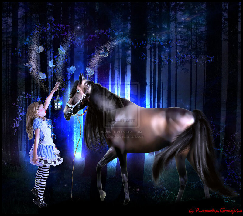 Girl with Horse in Forest — Blue