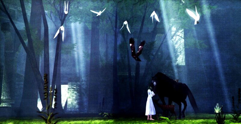 Girl with horse in forest