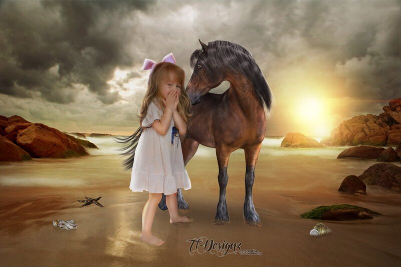 Girl with Horse on Beach — Brown