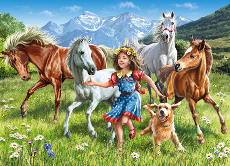 Girl with Horses and Dog
