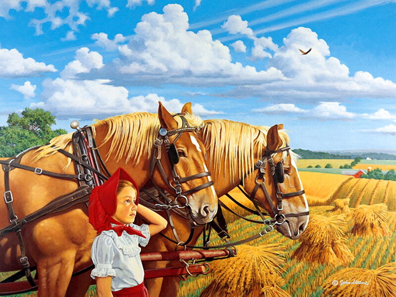 Girl with Horses in Field — Blue