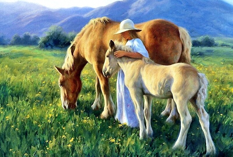 Girl with Horses in Field — Green