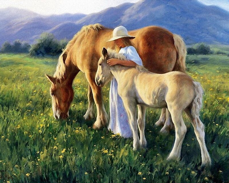 Girl with Horses in Field