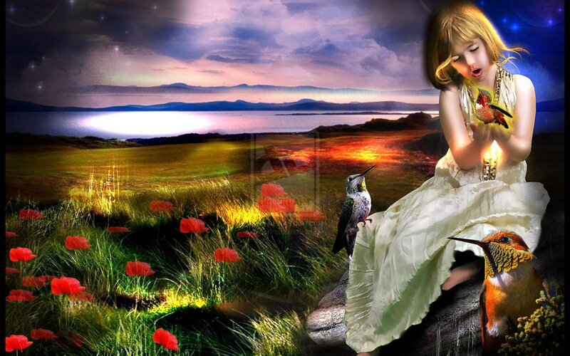 Girl with Hummingbirds — White, Serene