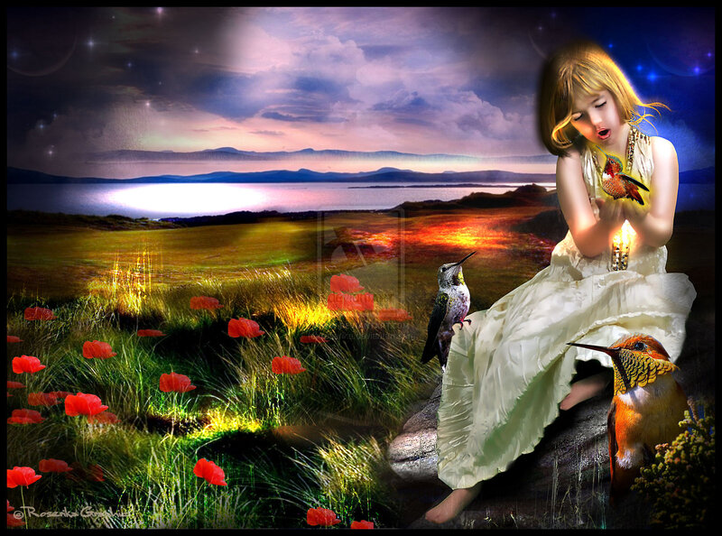 Girl with Hummingbirds — White