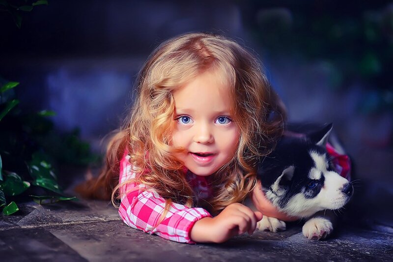 Girl with Husky Puppy — Pink