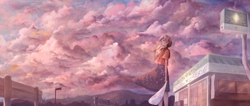 Girl with ice cream under pink sky