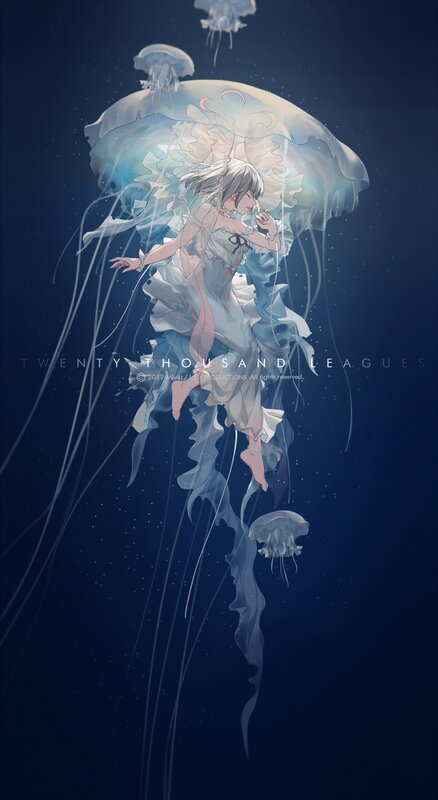 Girl with Jellyfish — Blue, Serene, Night, Digital Art, Underwater
