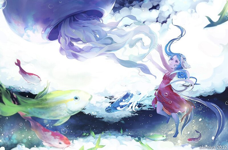 girl with jellyfish underwater