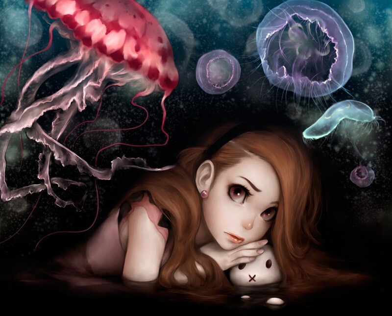 girl with jellyfish underwater