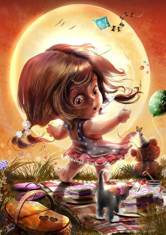 Girl with kite and birthday cake