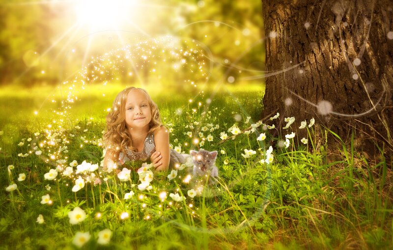 Girl with Kitten in Field — Green