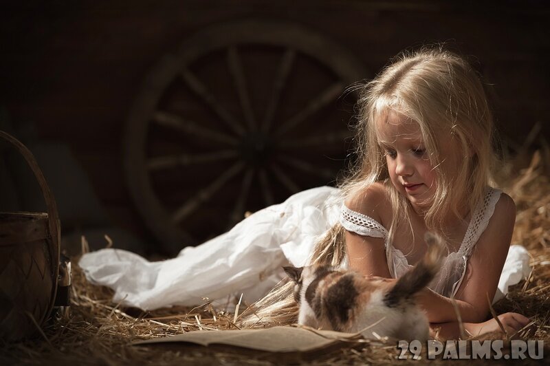 Girl with Kitten in Hay — Brown