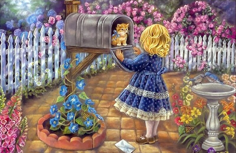Girl with Kitten in Mailbox — Blue