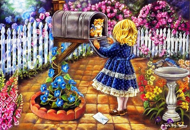 Girl with Kitten in Mailbox