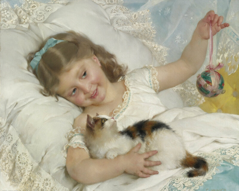 Girl with Kitten — White, Serene, Painting