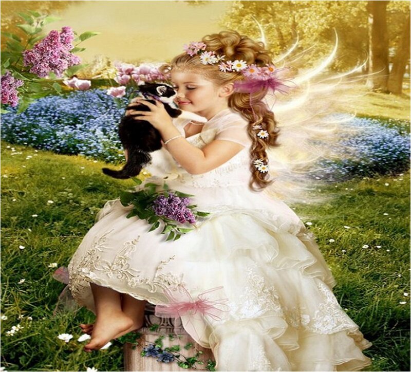 Girl with Kitten — White, Serene