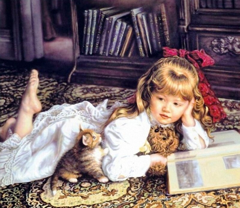 Girl with Kitten — White