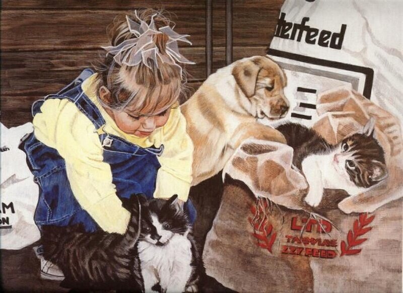 Girl with Kittens and Puppy