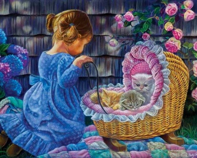 Girl with Kittens in Basket — Blue