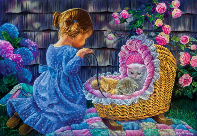 Girl with Kittens in Basket
