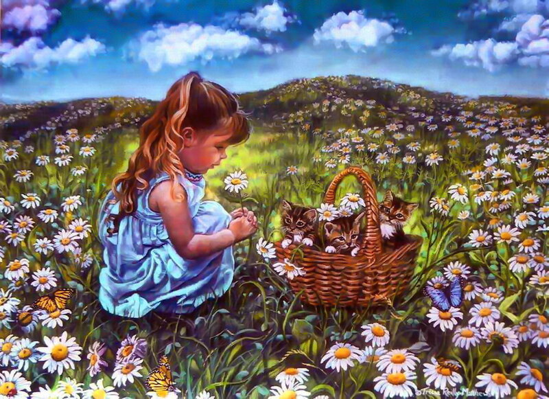 Girl with Kittens in Field