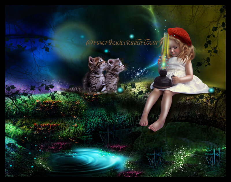 Girl with Kittens in Forest