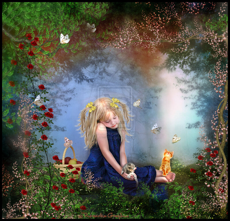 Girl with Kittens in Garden — Blue